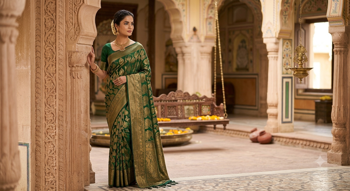 "Elegance in Emerald: Handwoven Banarasi Silk Saree"